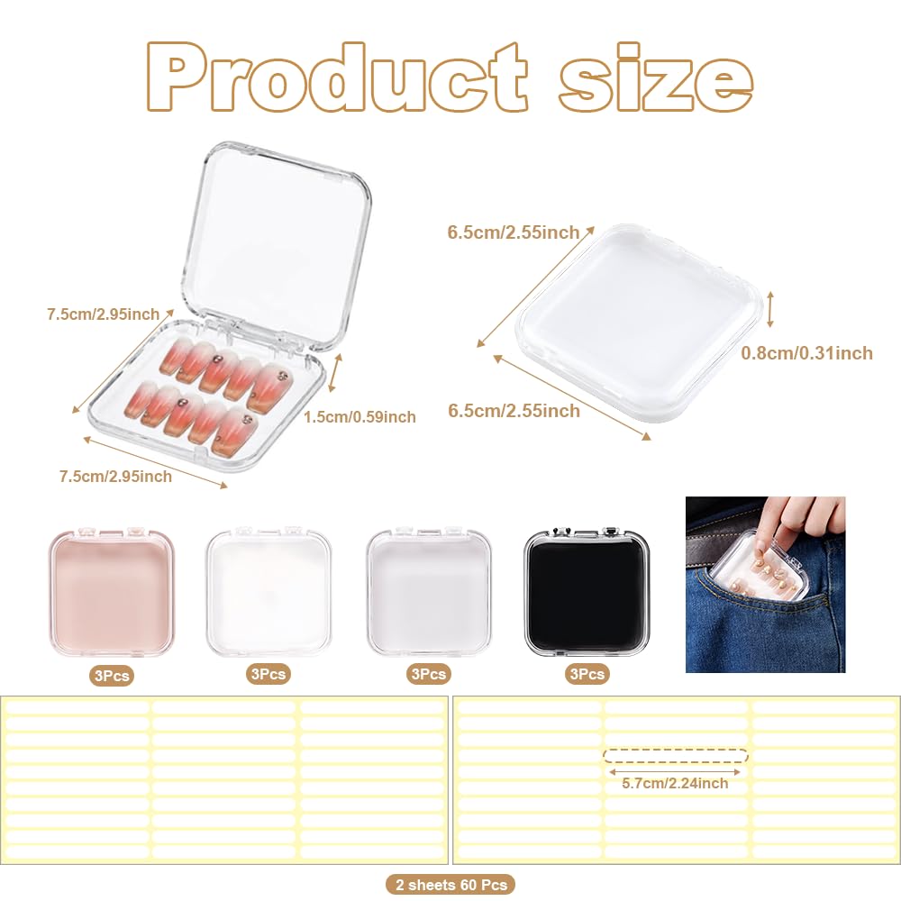 12 pièces Boîtes de Rangement pour Ongles (6.5 x 6.5 x 0.8CM), d'Emballage Press on Nails Support Présentoir Presser Ongle, Comprenant 12 Boîtes d'Emballage + 60 Ruban Adhésif Double Face