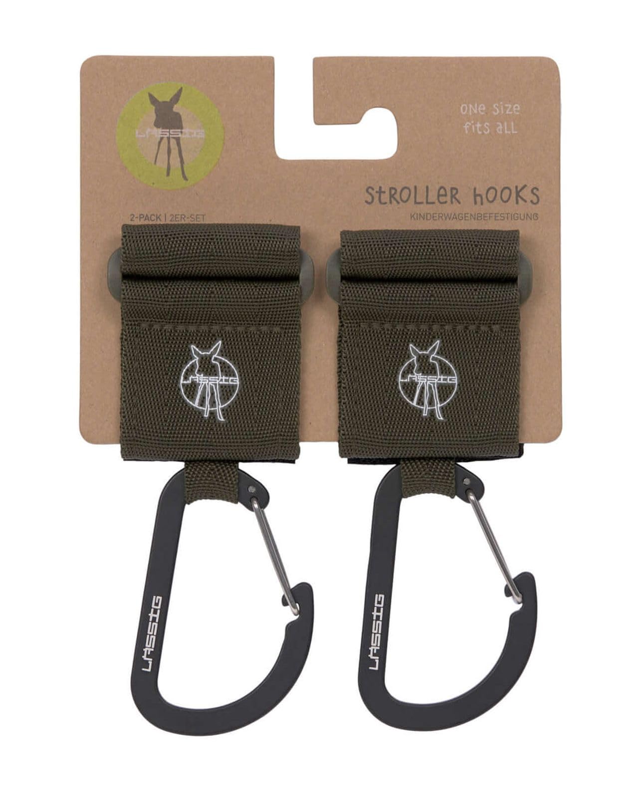 LÄSSIG Attacco per passeggino (2 pezzi) Gancio in velcro moschettone Gancio per passeggino Gancio per la spesa in metallo/Stroller Hooks with Carabiner olive