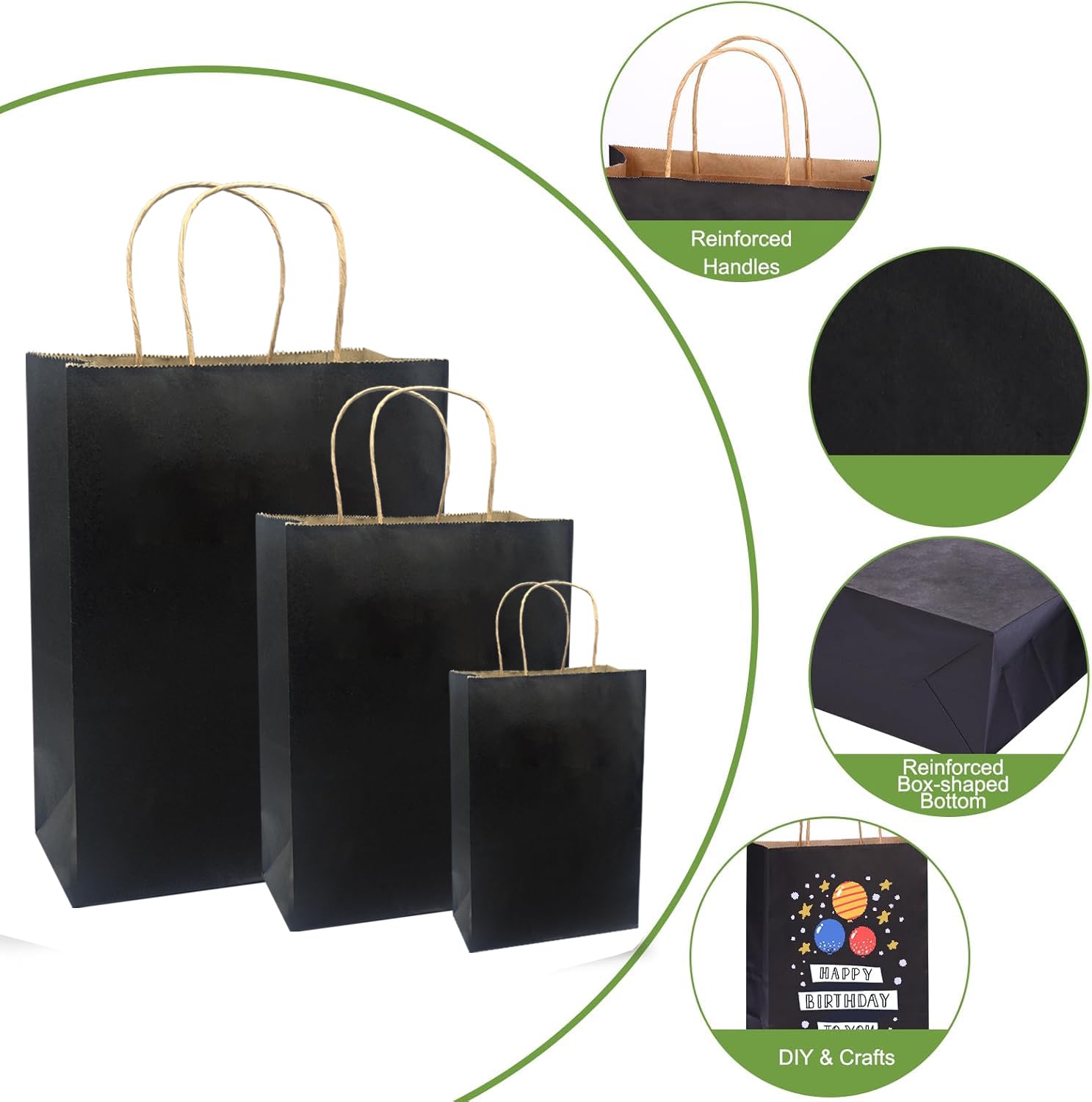 FACEBAG Paquete de 90 bolsas de papel kraft negro con asas a granel, bolsas de regalo de varios tamaños para recuerdos de comestibles, venta al por menor, fiesta, festival, boda, cumpleaños, compras,