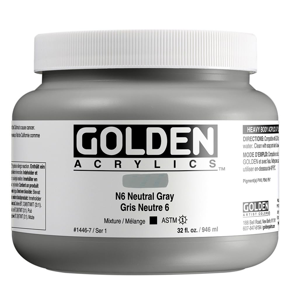 Heavy Body Acrylics, N6 Neutral Gray, 32 fl. oz. Jar, Professional Acrylic Paint, Opaque