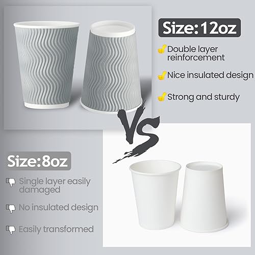 Miniatura 5 de Paquete de 200 tazas de papel de 12 onzas desechables a granel con aislamiento de ondulación tazas de café de papel caliente para bebidas calientes