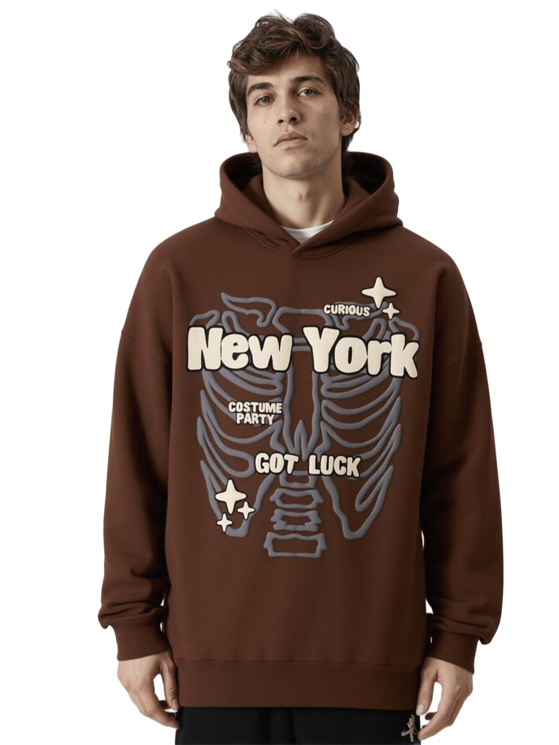 SXV Luxe New York 3D Printed Brown Cotton Hoodie