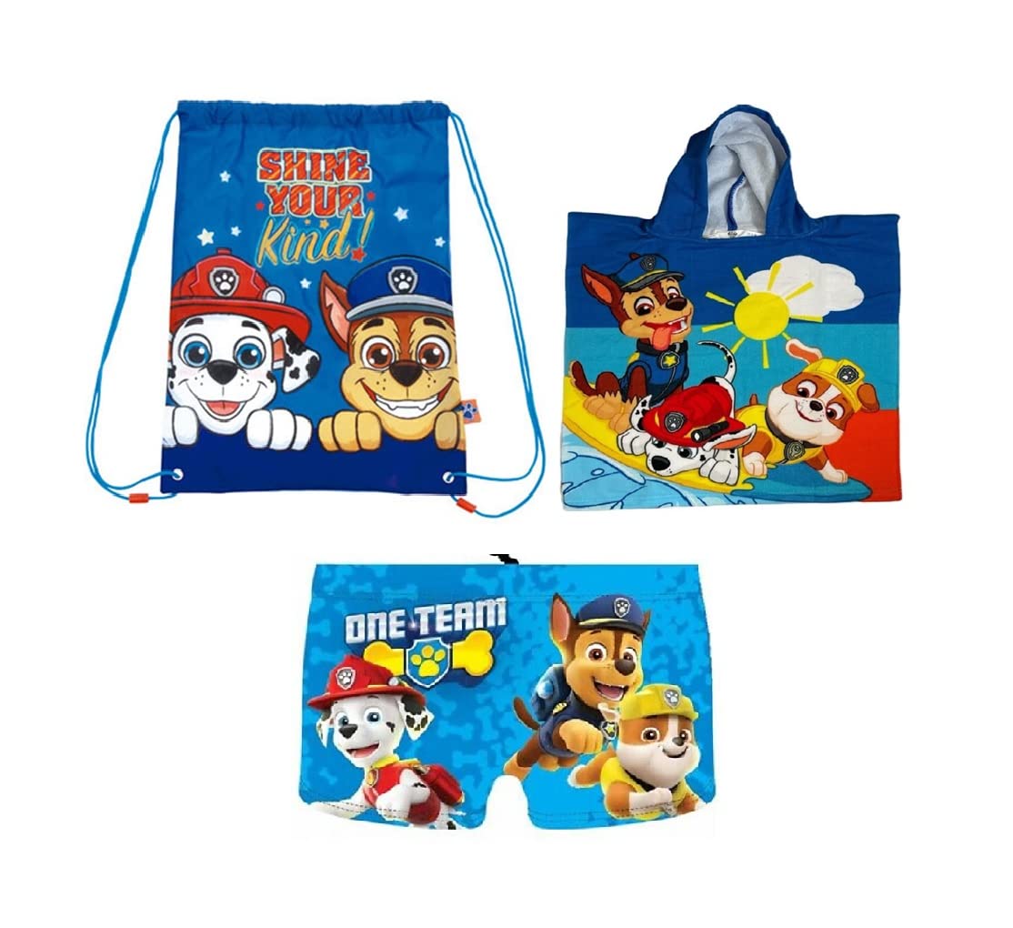Bañador Niño, Poncho Toalla y Bolsa Tela de Patrulla Canina - Pack de Playa y Piscina con Bolsa de Tela para Guardar Juguetes Playa y Accesorios| Poncho Surf y Bañador Natacion Niño. (6 - 7 años)