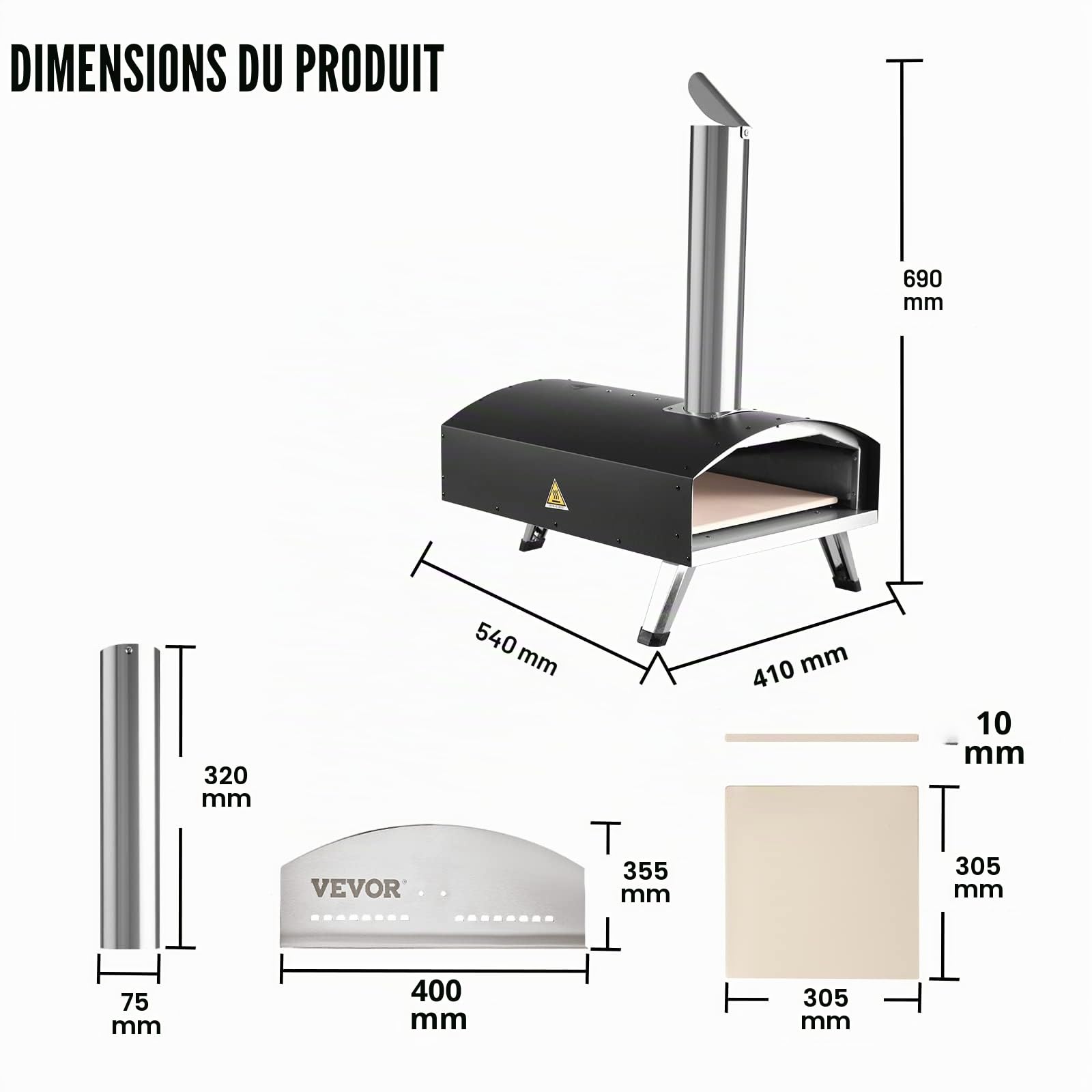 VEVOR Four à Pizza Portable 305 mm Four à Bois et Charbon de Bois Extérieur en Inox et Acier avec Pierre à Pizza Pieds Repliables 540 ℃