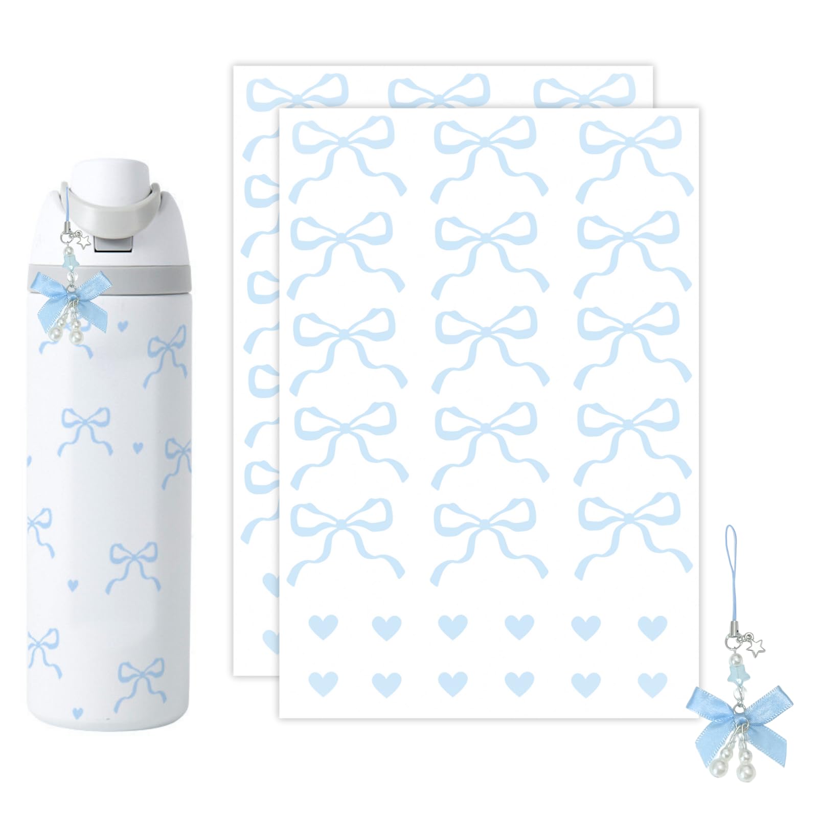 Romukuku Bows Stickers for Custom Owala Accessories, Heart Decals Transfer Stickers for Water Bottles, Bows Pearl Charms for Owala (Light Blue)