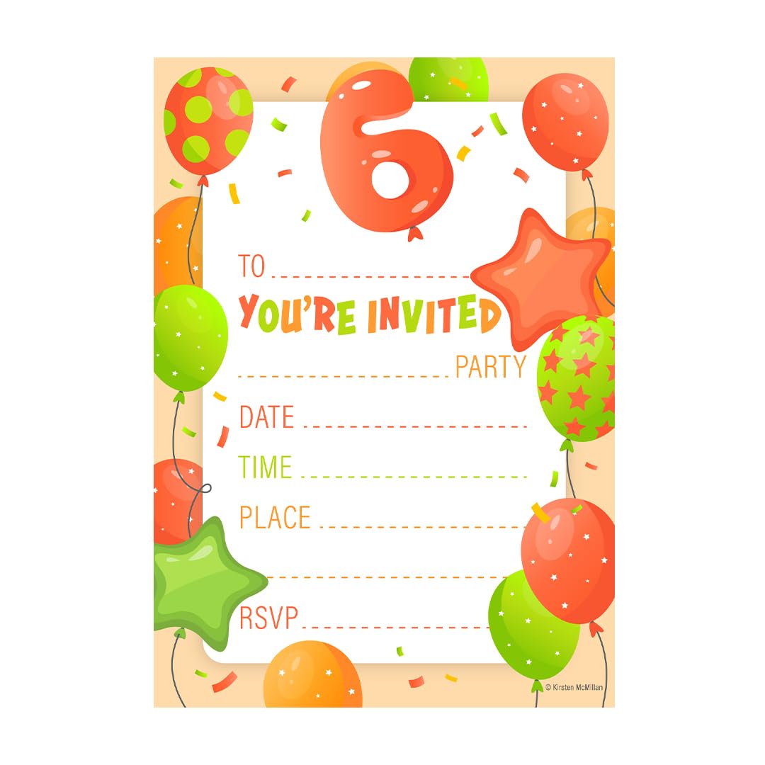 32 Kids Childrens Birthday Party Invitations Age 6 with Envelopes Invitation Orange Pack of 32 Balloon Invites - Designed and Printed in the UK