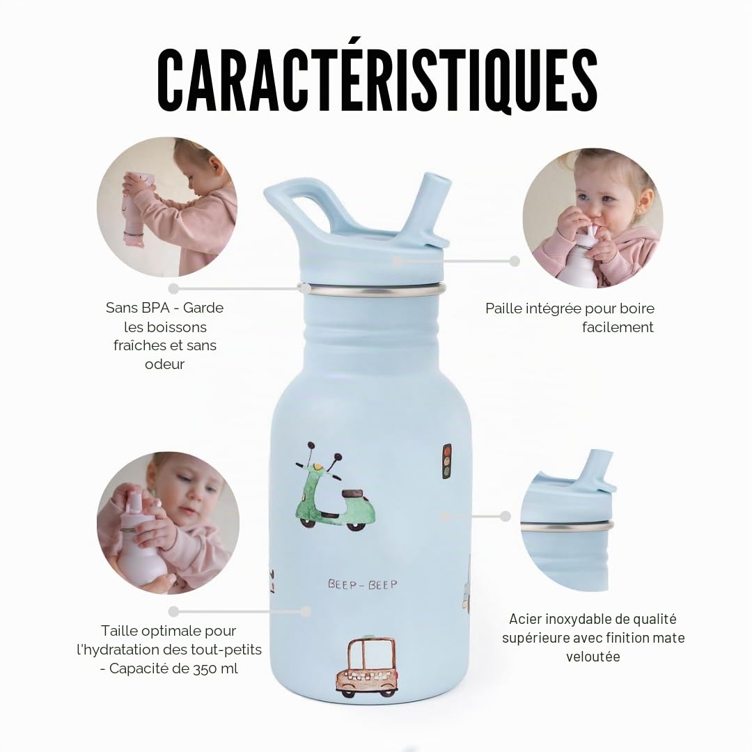J.Børn Bouteille personnalisée acier inoxydable 350 ml avec paille Roadtrip
