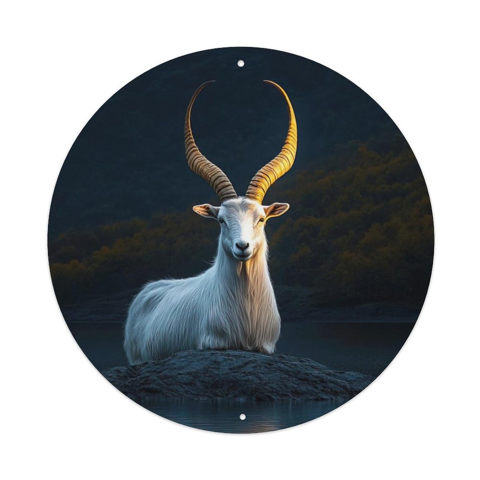 Alpine Ibex Animal with Golden Horns And Mountain Lake Symmetrical Reflection Vintage Metal Tin Sign Plaque Wall Decor for Cafe, Club Bar, Office, Garden Metal Poster 8x8Inch