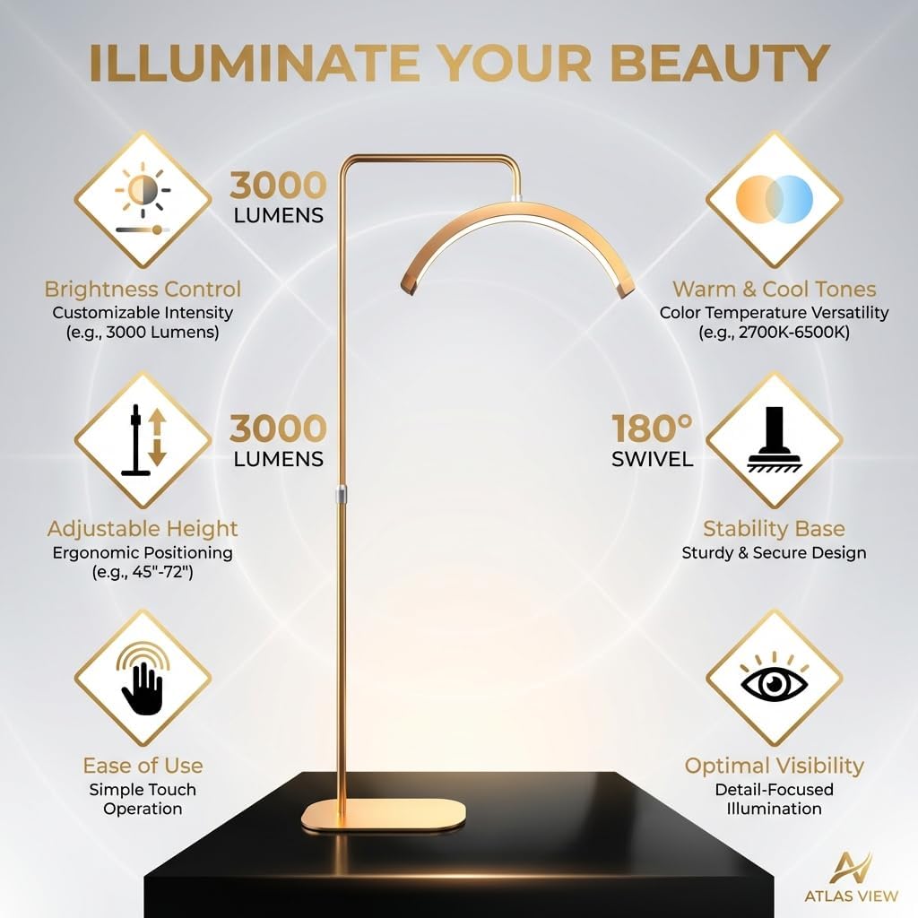Plain Gold Eyelash LED Moon Light - Dimmable Lamp for Estheticians, PMU & Nail Techs - Led Floor Lamp Adjustable Height, Touch Control (Plain Gold, no Diamond) (Plain Gold No Diamond)