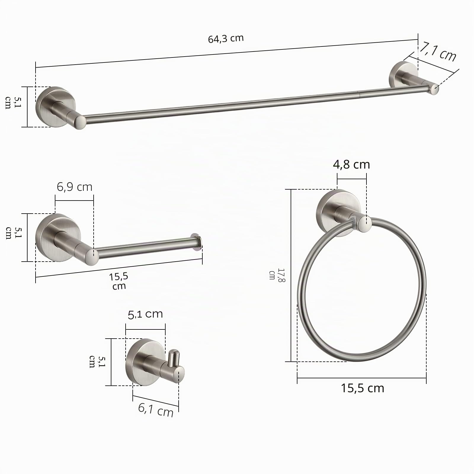 BGL Set di accessori per il bagno in nichel spazzolato, set di accessori da bagno, 8 pezzi