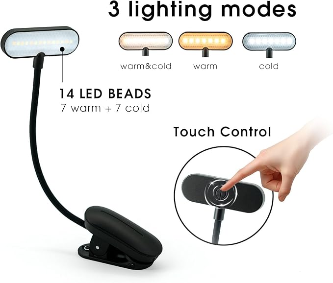 Elampros Rechargeable Book Light for Reading in Bed – 14 LED Book Light with 3 Color Temperatures, Stepless Dimming, Up to 80 Hours Runtime, 360° Rotatable Clip – Perfect for Book Lovers, Black photo 2
