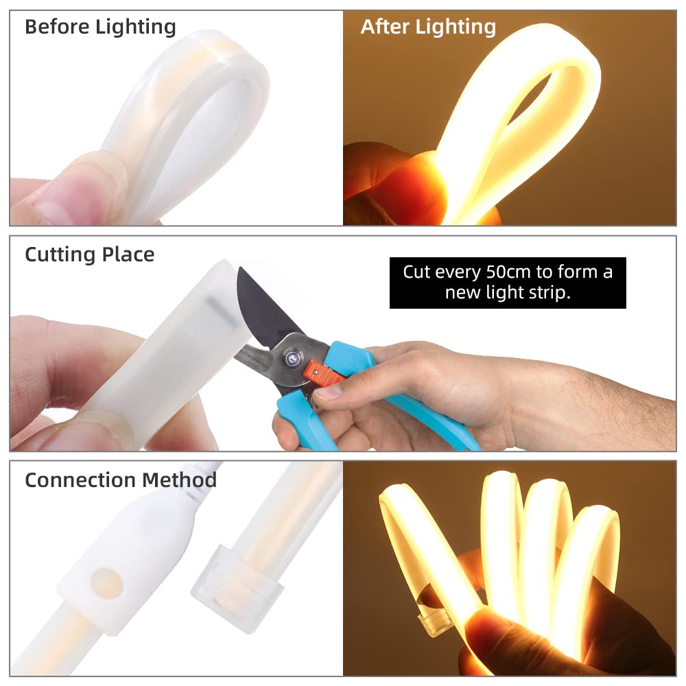 220V COB LED Tira de Luces [15M, Blanco Natural 4000-4500K]，288 LEDs/m Cortable Silicona FCOB LED Neón Tira CRI85+，IP68 Impermeable Flexible，Hogar/Tienda de Iluminación Decorativa