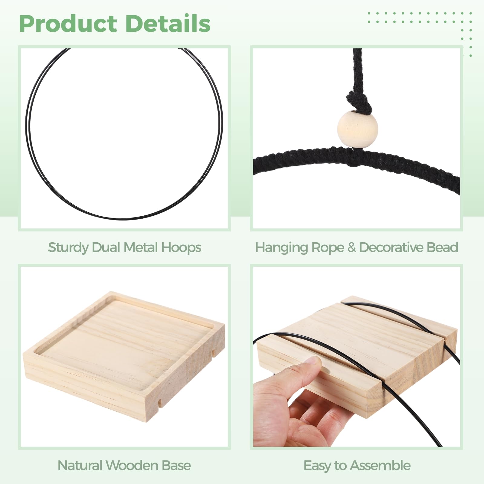 Lot de 4 supports pour plantes suspendues avec base en bois, cadre métal rond et appui en bois pour petits pots, porte-plantes à suspendre au plafond avec crochets pour chambre, balcon, jardin