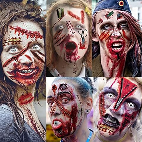 Moheer 435+ PCS 50 Sheets Fake Scar Halloween Tattoos Temporary Sticker, 3D Chucky Stitches Tattoos For Women Men Adults Kids, Fake Blood Wound Cut Face Tattoos Halloween Zombie Makeup Kit Set Decals Cover