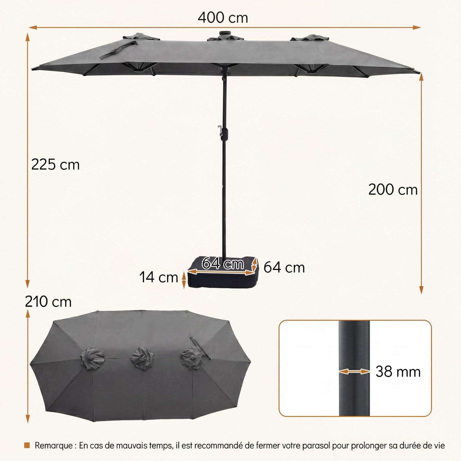 RELAX4LIFE Grand Parasol de Jardin Exterieur LED avec Pied, 4x2M Parasol Double Éclairé pour Terrasse/Piscine/Marché, 12 Baleines Renforcées, Manivelle, Protection Solaire pour 6-8 Personnes (Gris)