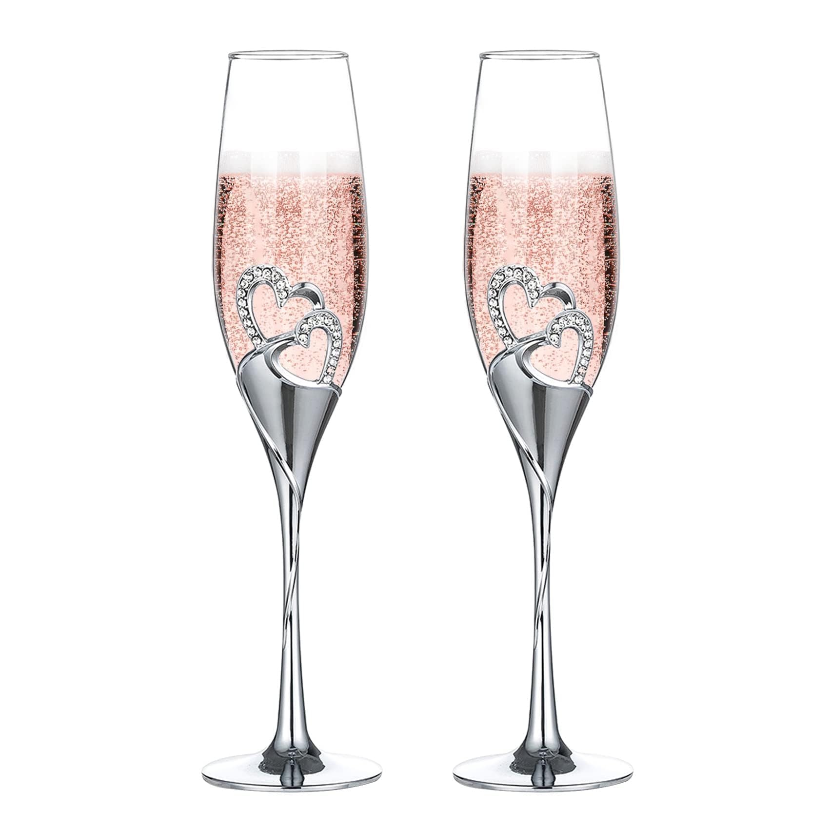 Silver Champagne Flutes Wedding: Set of 2 Heart Champagne Glasses Metal Crystals for Bride Groom Couples Engagement Gift