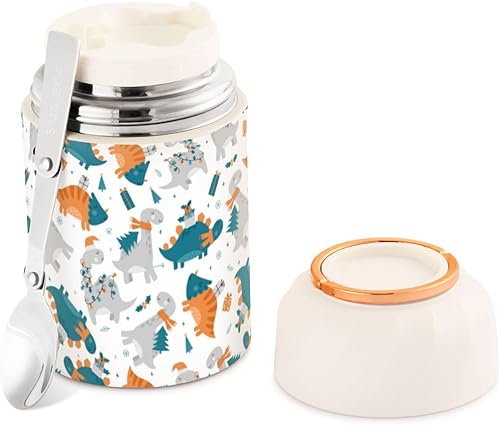 MCHIVER Merry Christmas Cute Dinosaur Food Jar with Spoon Stainless Steel Vacuum Insulated Food Container 17 oz Thermos for Adults