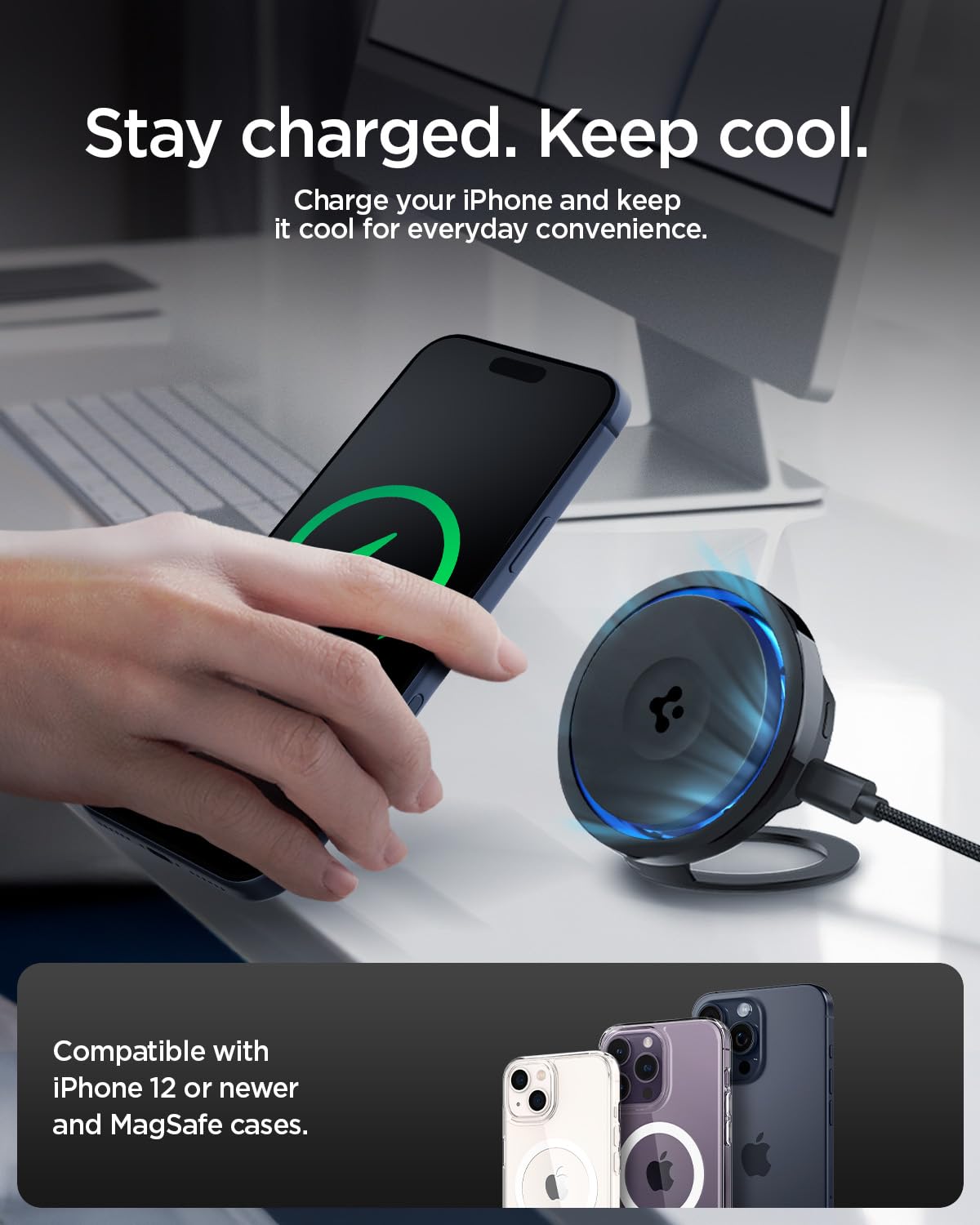 Spigen OneTap Pro3 CryoMax Qi2 15W Caricatore Wireless Supporto MagSafe [Raffreddamento & Portatile], per iPhone 17/16/15 Pro Max 17e & Cover MagSafe per Samsung Galaxy S26 S25, Pixelsnap Pixel 10