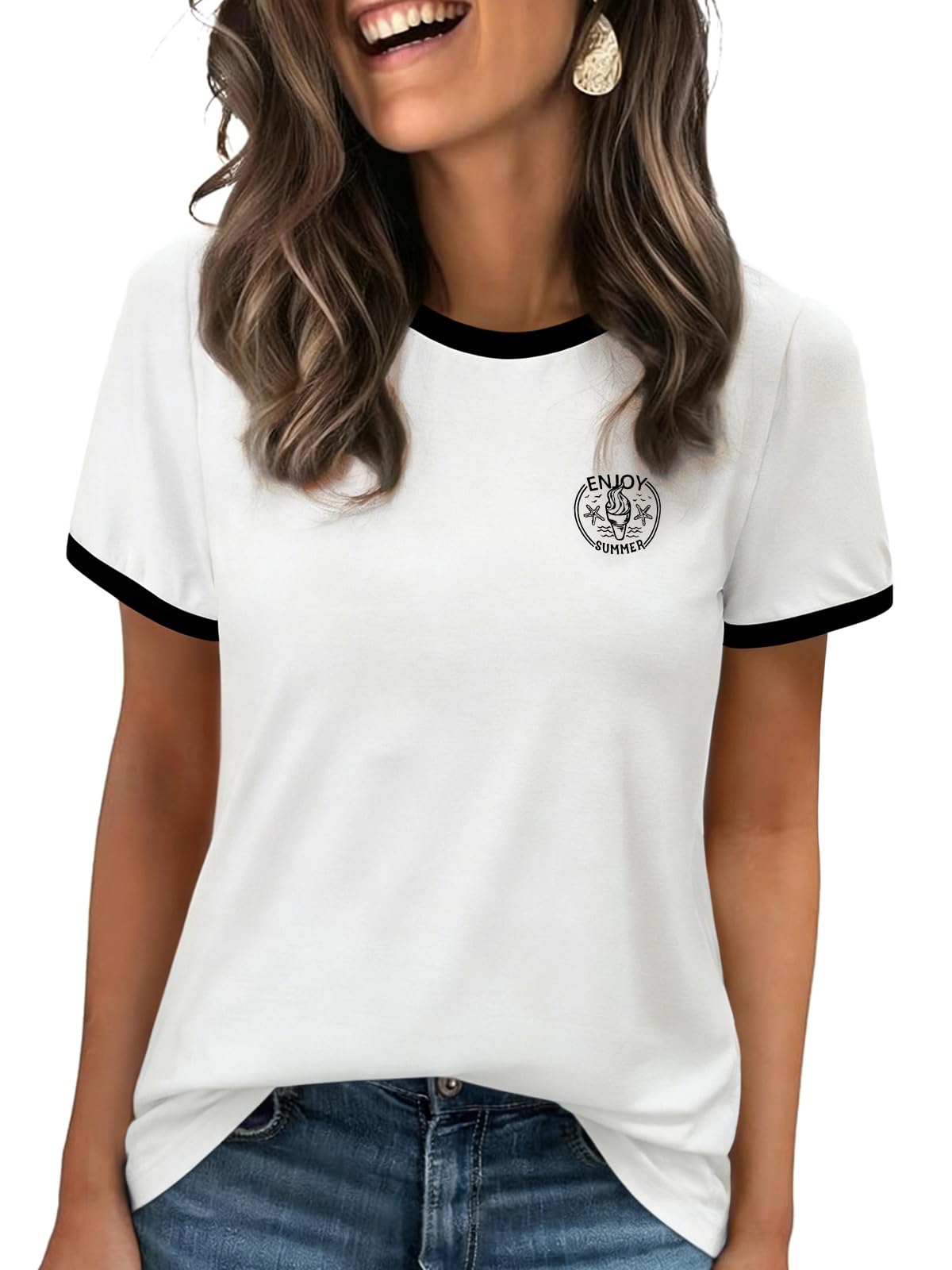 Wayleb T Shirt Damen Rundhals Kurzarm mit Print Sommer T-Shirt Casual Oberteile Elegant Tee Tops S-XXL