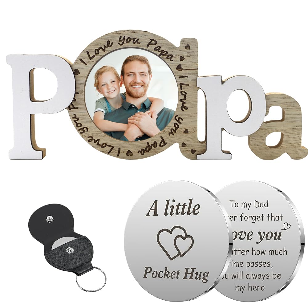 Personalised Dad Photo Frame and Dad Keyring Set - Customised Pocket Hug Gifts for Dad from Daughter Son, Perfect for Birthdays and Father's Day