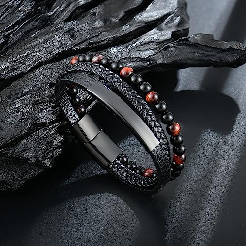 Mens Tiger Eye Matee Black Onyx Lava Rock Volcanic Stone Beaded Bracelet, Black Braided Leather Bracelet for Men4