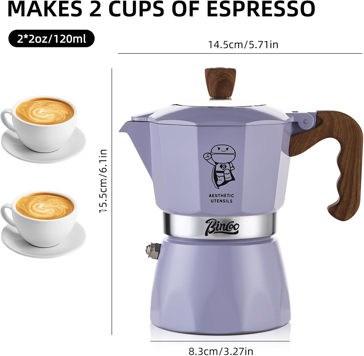 Bincoo Espresso Maker Stovetop - 2 Cup/120ML Small Stove Top Espresso Italian Coffee Maker, Camping Moka Pot- Portable, Ideal for Home and Camping (Purple)
