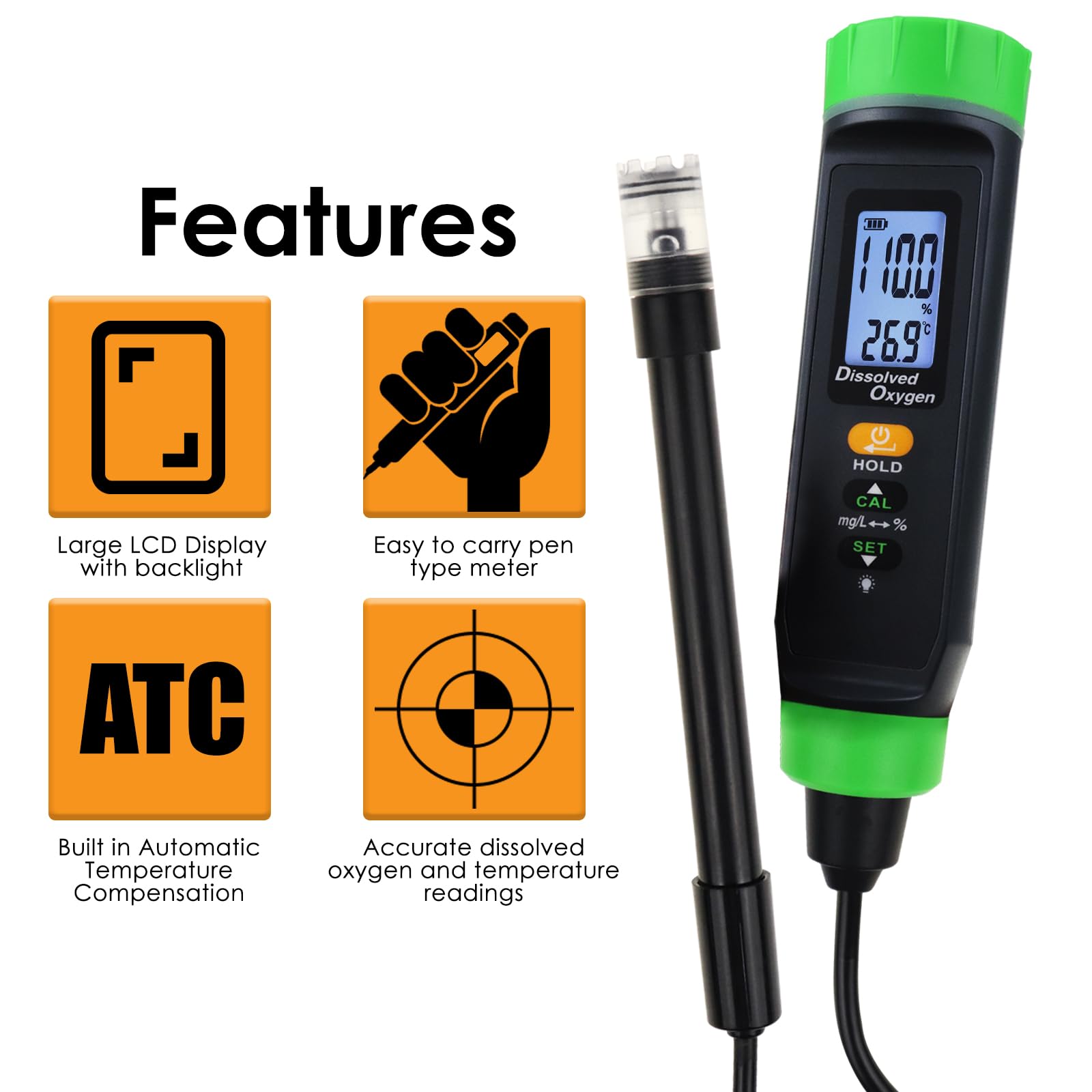 Medidor digital recargable de oxígeno disuelto | Medidor preciso de OD con sonda autoflotante, cable largo, LCD y batería ecológica | Ideal para peceras, hidroponía y más