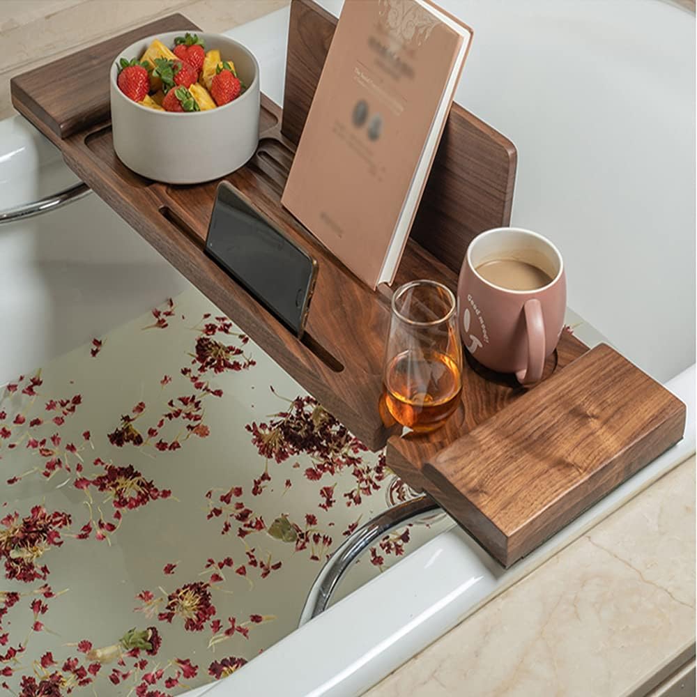 Bamboo Bathtub Tray Perfect Bathtub Storage Rack Groove with Reading Rack Or Tablet Holder This Premium Bathroom Tray Includes A Wine Glass Holder