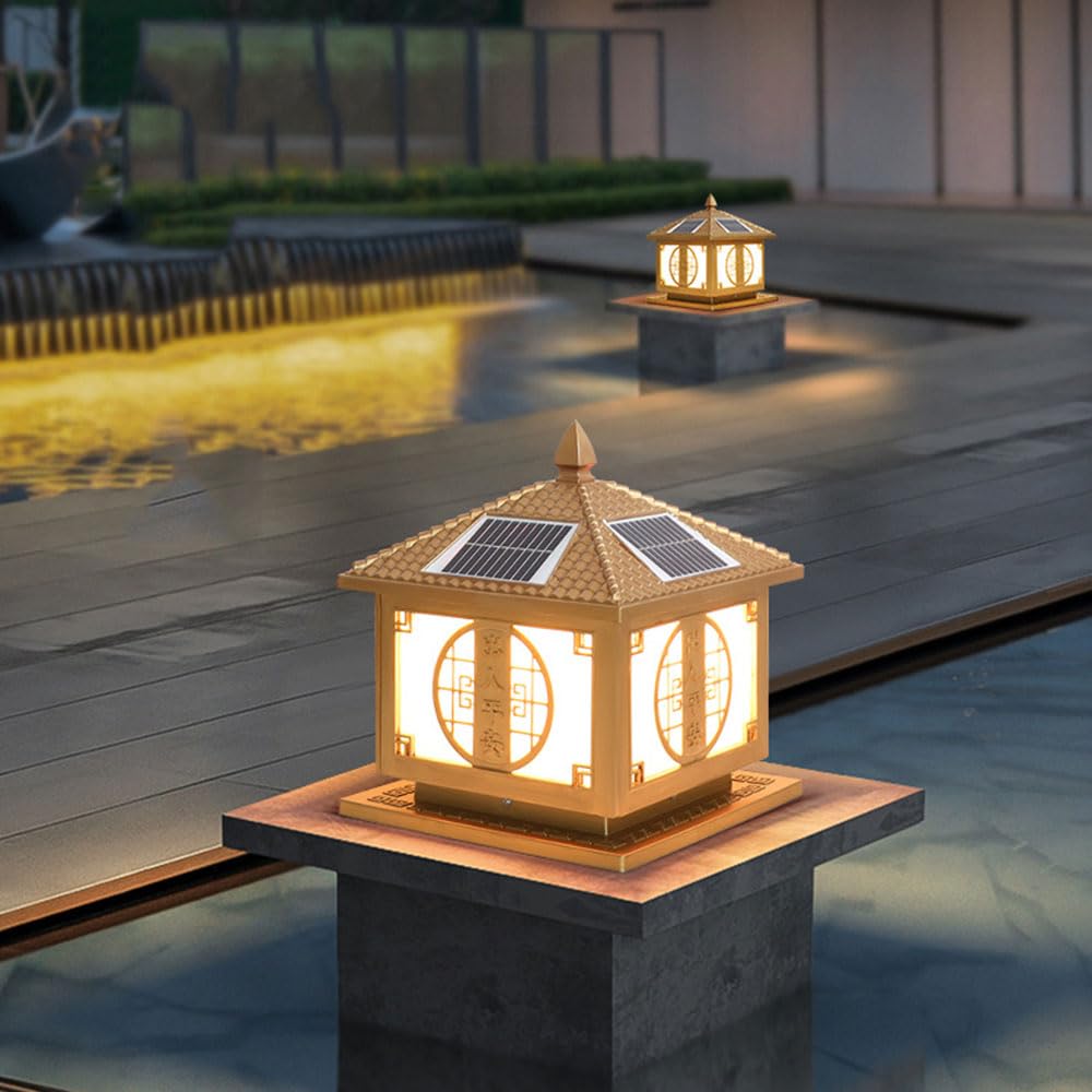 Solarna lampa słupkowa do ogrodu, wodoodporna zewnętrzna lampa kolumnowa do ogrodzenia podwórza, lampa kolumnowa w stylu chińskim do bramy wejściowej