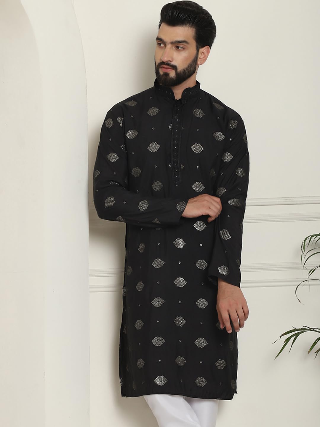 Sojanya (Since 1958 Men's Cotton Silk Sequinned Embroidered Black Long Kurta