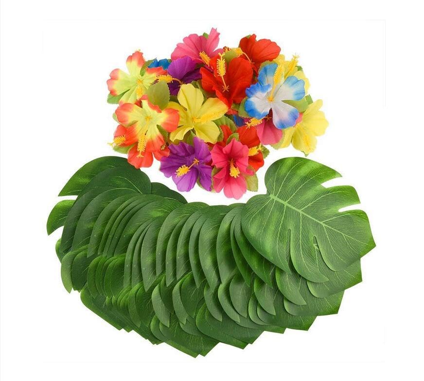 Ykybhx 60PCS Artificial Palm Leaves Silk Hibiscus Flowers Tropical Green Fake Palm Leaf Jungle Leaves Decorations for Safari Jungle Hawaiian Luau Party Table Decoration Baby Shower Wedding Birthday A