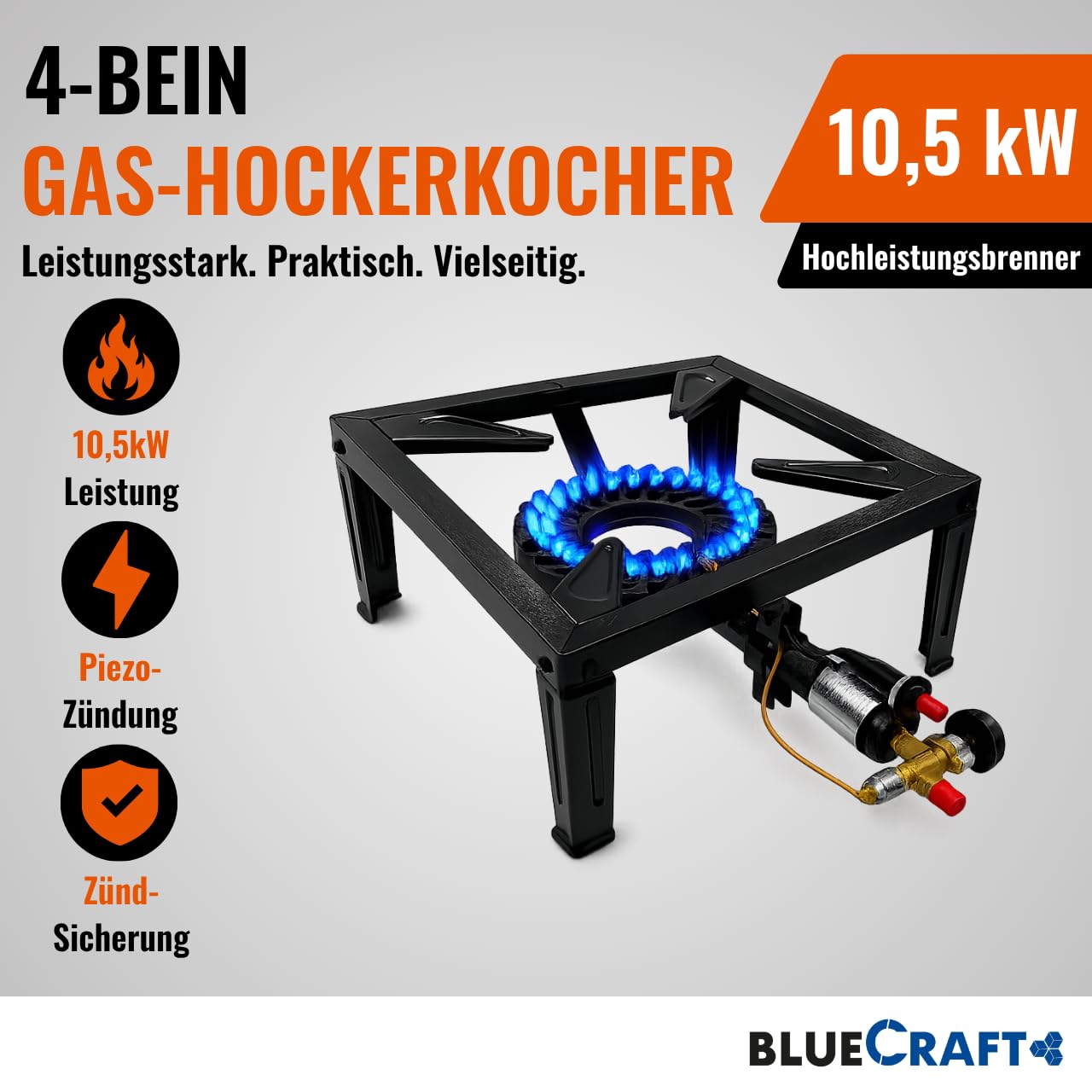 Bluecraft Hockerkocher Gas 10,5 KW Gaskocher + Gasschlauch & Regler 50mbar | Mit Zündsicherung & Piezozündung für Gasflasche - Campingkocher, Gasgrill, Gasbrenner, Gusseisen, Räucherofen, Wokbrenner