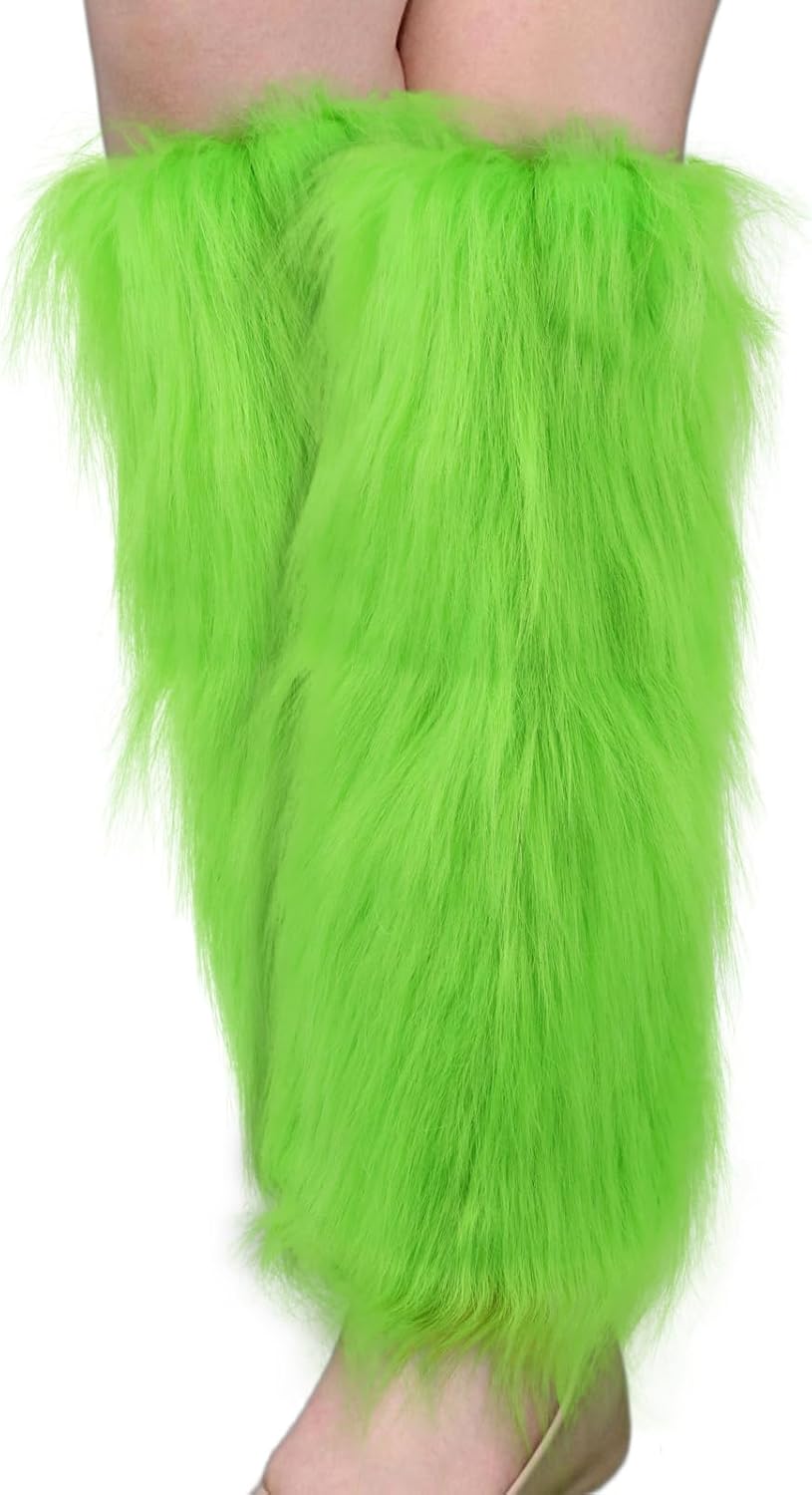 SAVITA Green Furry Leg Warmers, Faux Fur Boot Covers for Adult Christmas Halloween Costume Accessories Monster Cosplay Rave Outfits
