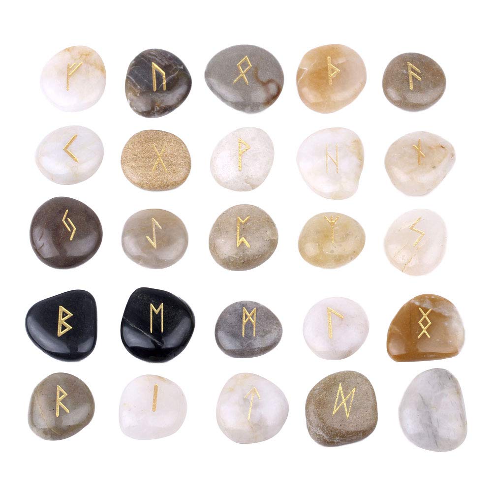 Healifty 25pcs Natural Engraved Rune Stones Pebble Sets Fortune Telling Divination Stones (Random Color)