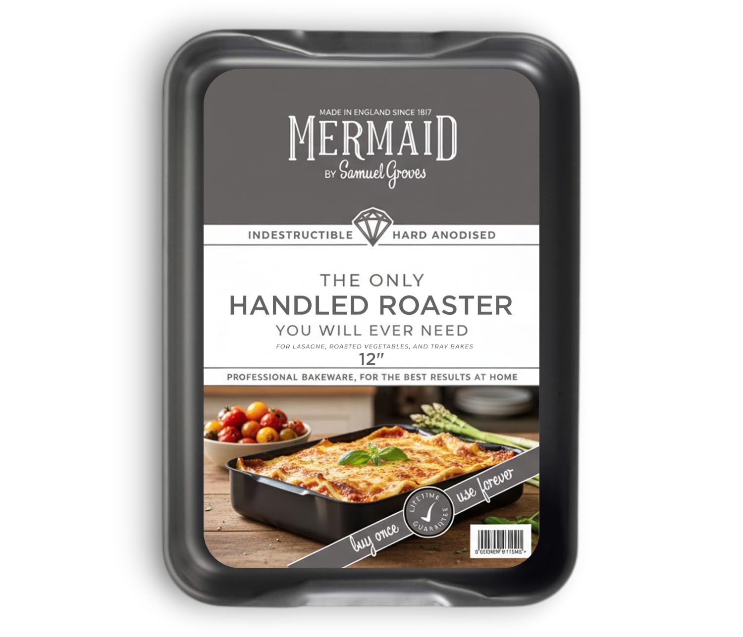Mermaid 12" Hard Anodised Roasting Dish with Integral Handles – UK Made Professional Naturally Non-Stick Oven Pan for Meat, Vegetables & Sunday Dinners (32cm x 22cm)