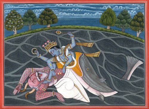 Vishnu Matsya aquarelle sur papier tableau hindou exotique fait main
