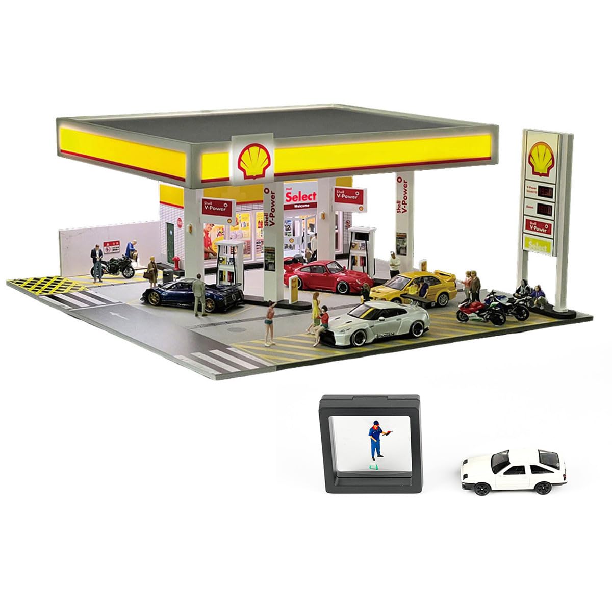 Palapozzy Shell Gas Station Miniature Display, 1/64 Scale Detailed Diorama Garage with LED Lighting, Compatible Architecture Model for DIY Car Collection Scene (with 1 Car Model & 1 Figure)