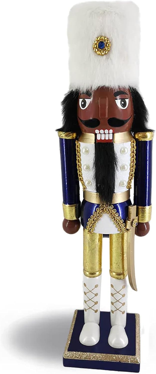 Nutcracker Ballet Gifts African American Decorative Wood Nutcracker Figures Christmas Decor Holiday Home Decorations, Decorative Wooden Statue, 15-inch, Gold and Navy