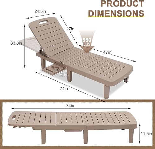 Miniatura 7 de CDCASA Juego de 2 tumbonas para exteriores, sillas de piscina con 5 posiciones ajustables y bandeja lateral, sala de descanso de resina impermeable