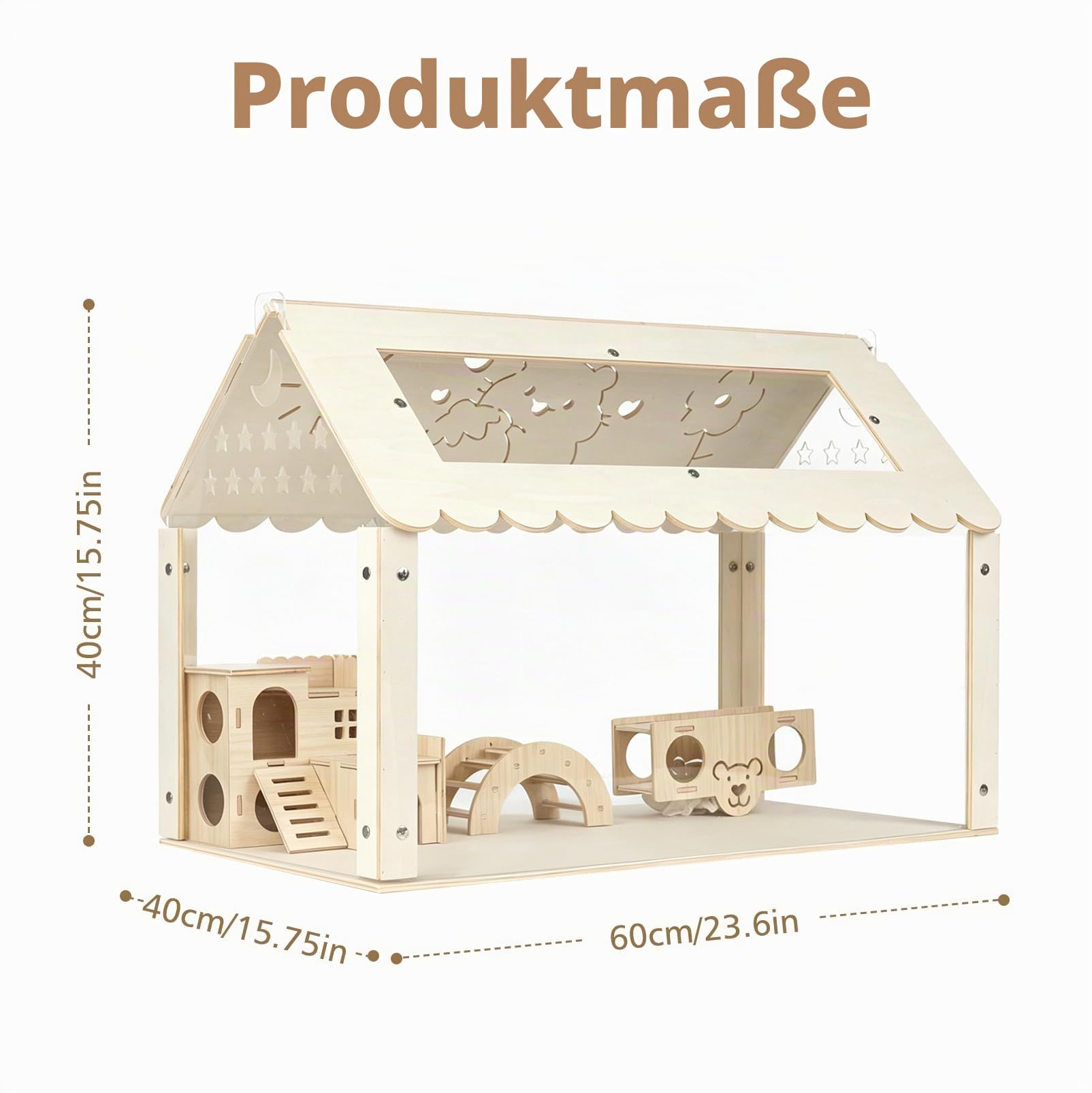 Hamsterkäfig, transparenter Hamsterlebensraum, Kleintierkäfig, 60x40x40cm | Holz Hamsterkäfig mit Versteck im Villenstil, Kleintierlebensräume Groß Stapelbar für syrische Hamster, Nager, Mäuse