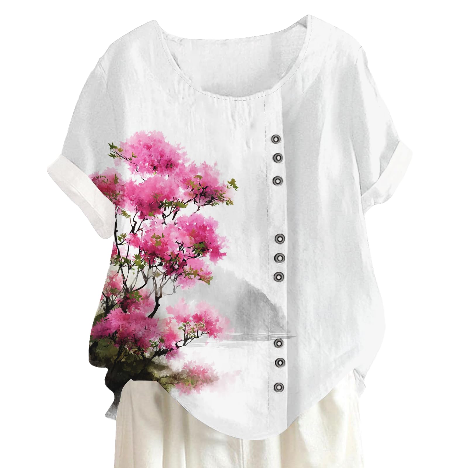 Floral Graphic Shirt Casual Tops for Women Fashion Short Sleeve Crewneck Blouse Loose Comfy Summer Beach Pullover