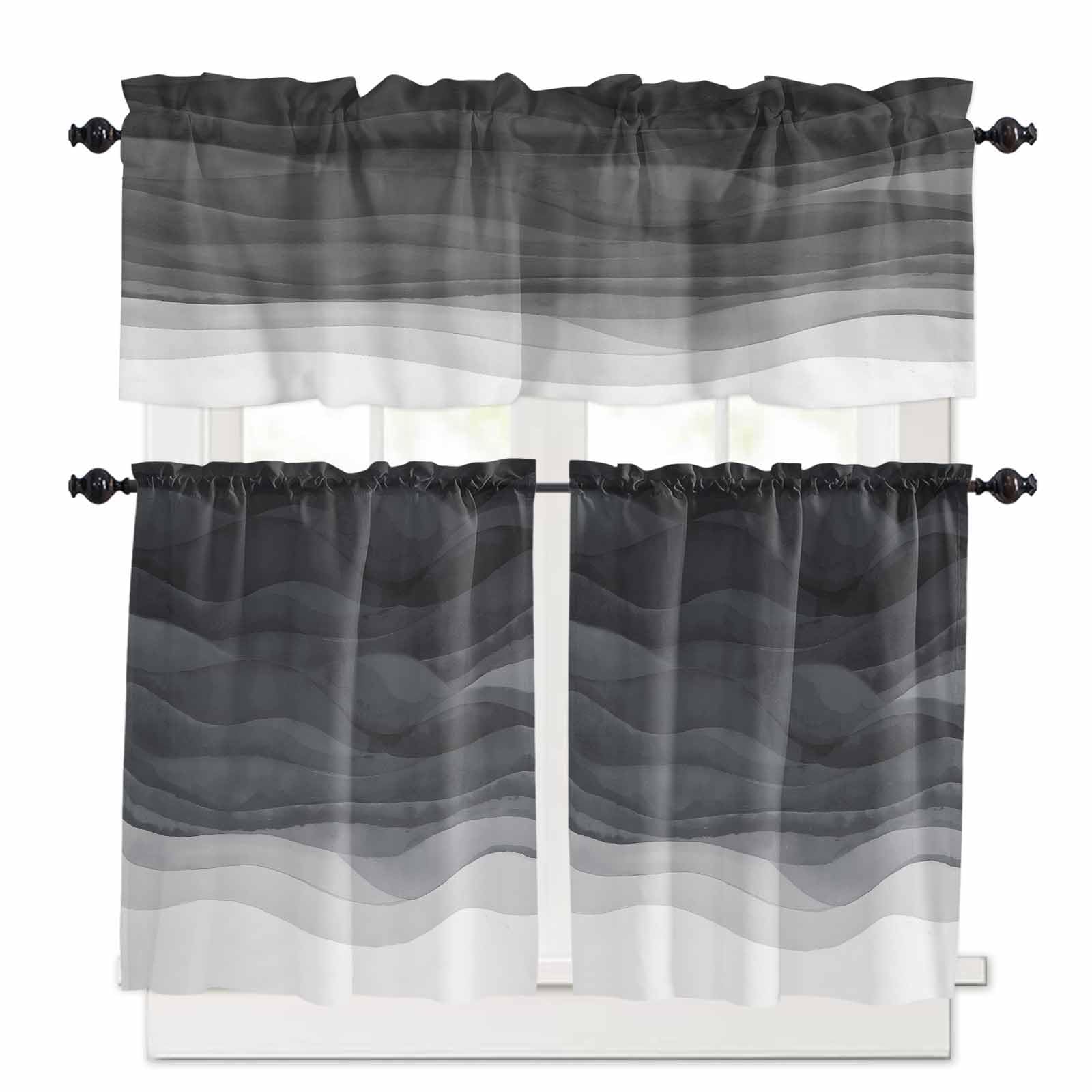 Gray Waves Kitchen Curtains 36 Inch Length, 3 Piece Rod Pocket Small Half Tiers and Valance Set, Ombre Coastal Ocean Water Abstract Small Large Window Treatment Decor for Bedroom/Bathroom Sink