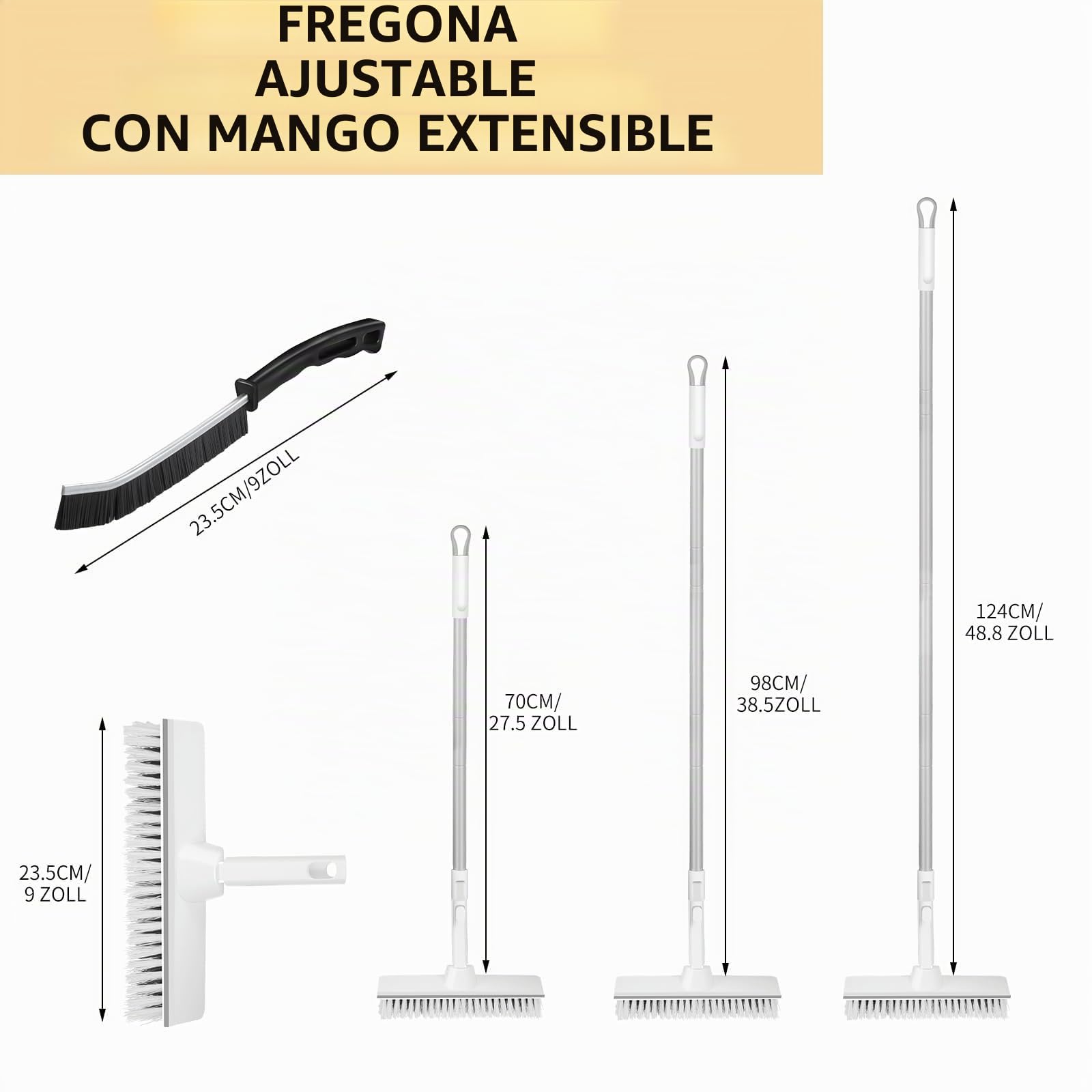 Cepillo con mango, cepillo de lavado 2 en 1 con extractor de suelo, cerdas rígidas de 9 pulgadas, cepillo de fregado con mango ajustable para limpieza en interiores, garaje, cocina, azulejos, pared