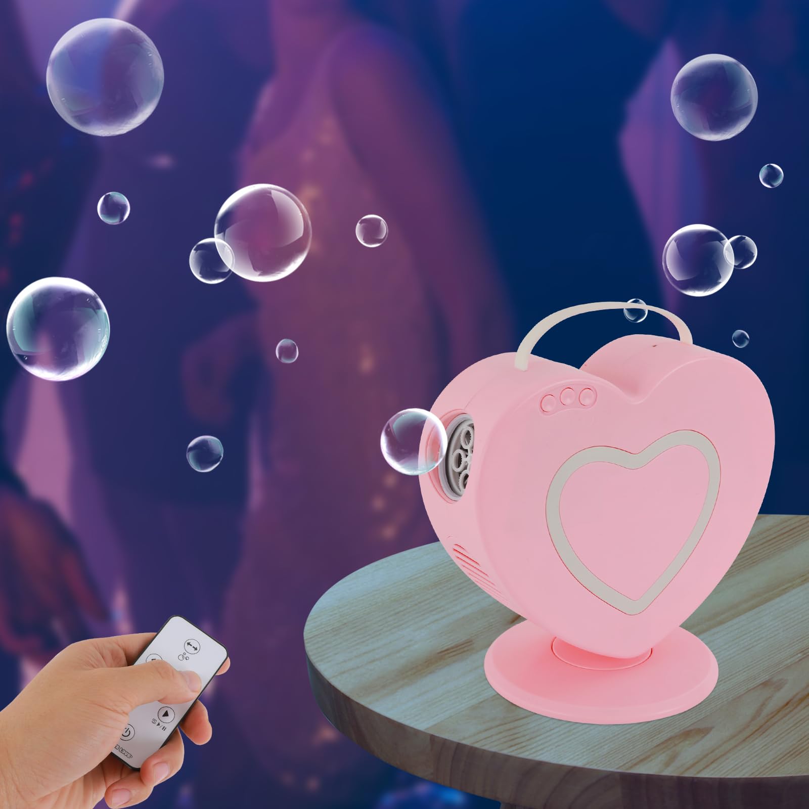Seifenblasenmaschine in Herzform, automatische Seifenblasenmaschine, Seifenblasenmaschine mit 360° Drehung für Kinder (Pink)