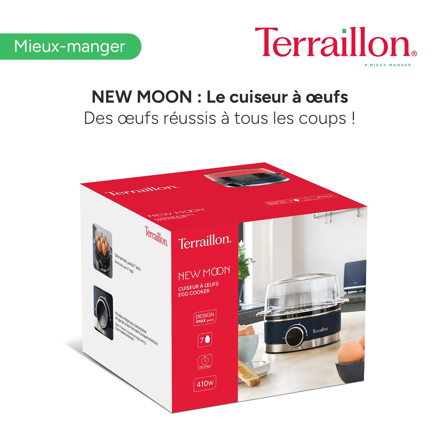 TERRAILLON - NEW MOON - Cuiseur à oeuf électrique, Capacité 7 oeufs, 410 W, Minuteur intégré, couvercle intégré, gobelet de mesure, Corps Inox peint, Bleu