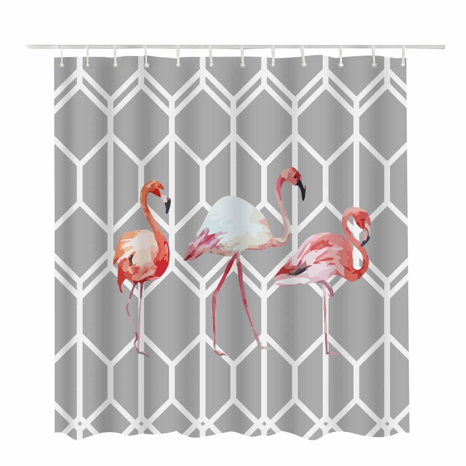 Woutay Shower Curtain Water Repellant Fabric Watercolor Pink Flame Bird,Mould Proof Resistant,Polyester,with 12 Plastic Hooks - Image 2