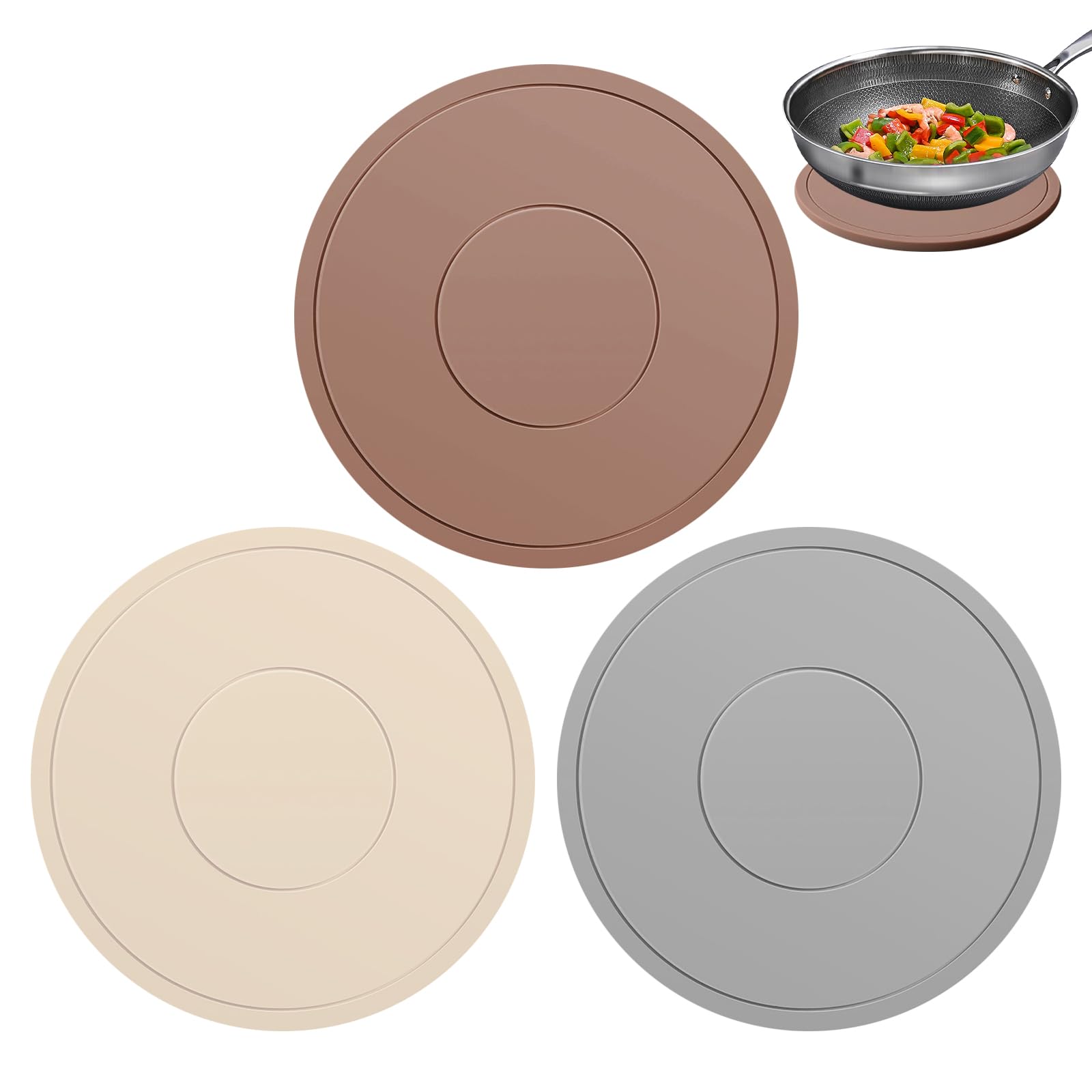 Tapis Silicone, Set de table silicone (3 pièces), Multifonctionnel Dessous de poêle rond, Dessous de plat résistant à la chaleur, Dessous de plat antidérapant, Réutilisable et lavable