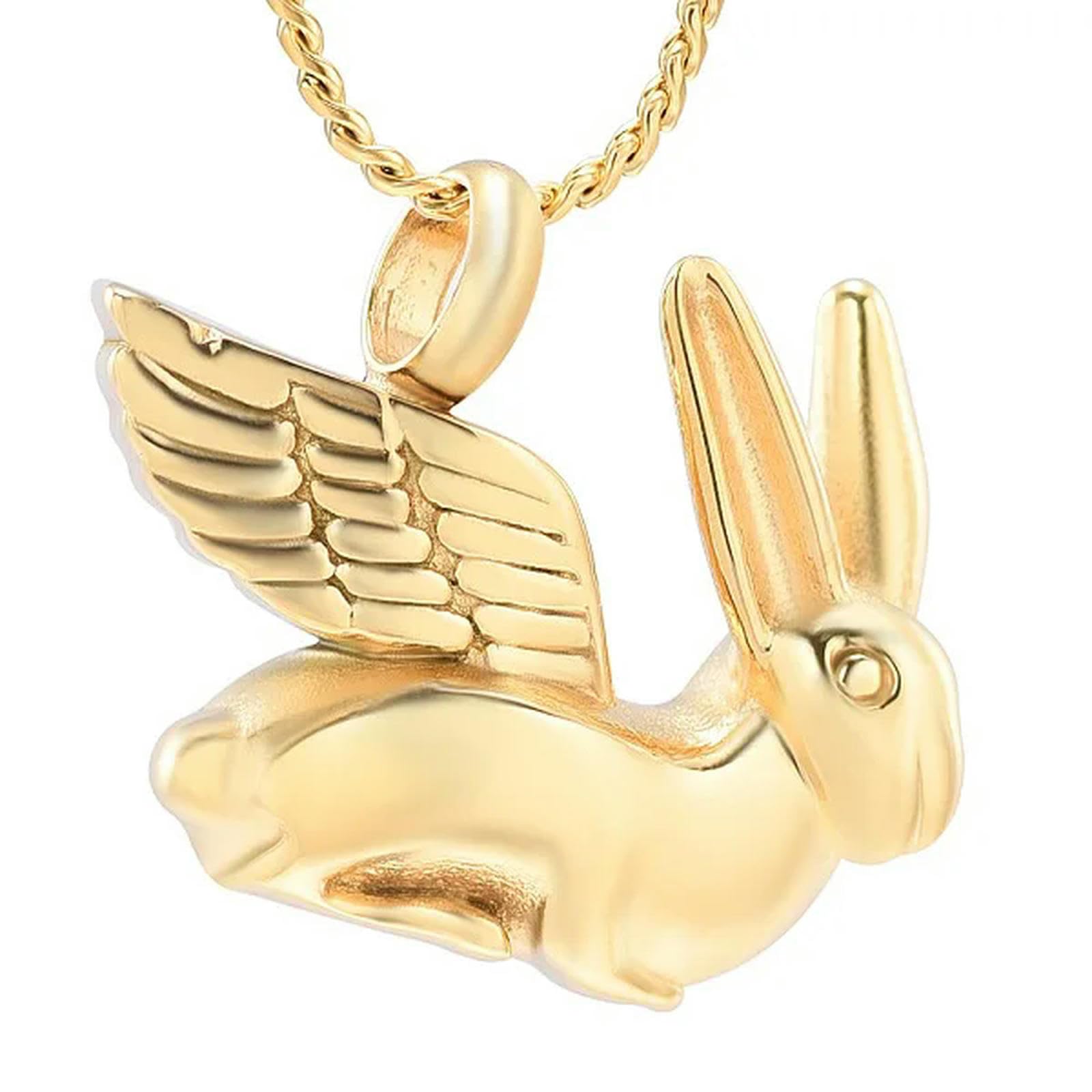 BIAIHQIE Cute Rabbit With Angel Wings Stainless Steel Memorial Jewelry Cremation Pendant Ashes Urn Funeral Keepsake Necklace-Gold