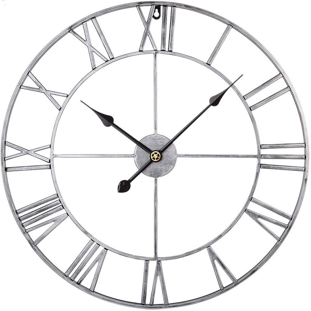 SaryEdge Large Wall Clock,Retro Iron Art Roman Numeral Wall Clock,Silent Wall Clock,Suitable for Kitchen,Bedroom,Garden,Living Room-Gouden-40Cm-Goud+zwart-40cm,Zilver-40cm,Zilver-4,Zilver-40cm