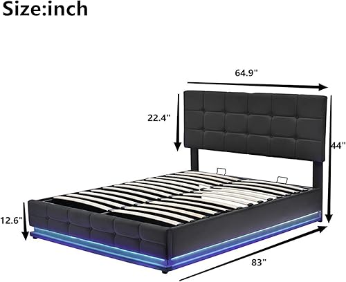Miniatura 2 de Cama de plataforma tapizada tamaño Queen con luces LED y cargador USB plataforma de almacenamiento de poliuretano con sistema de almacenamiento